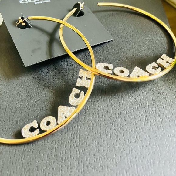COACH Rhinestone Signature Gold Tone Large Logo Pave Hoop Earrings 3"​​​​​​ - Picture 2 of 3